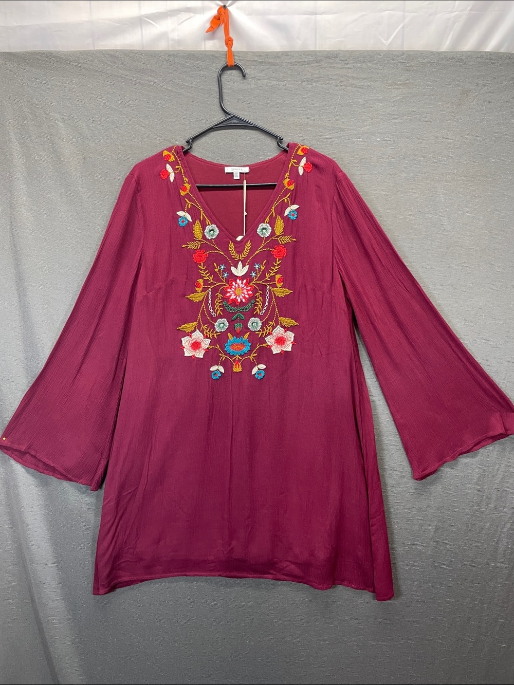 JODIFL Magenta Floral Embroidered V-Neck Tunic with flare sleeves